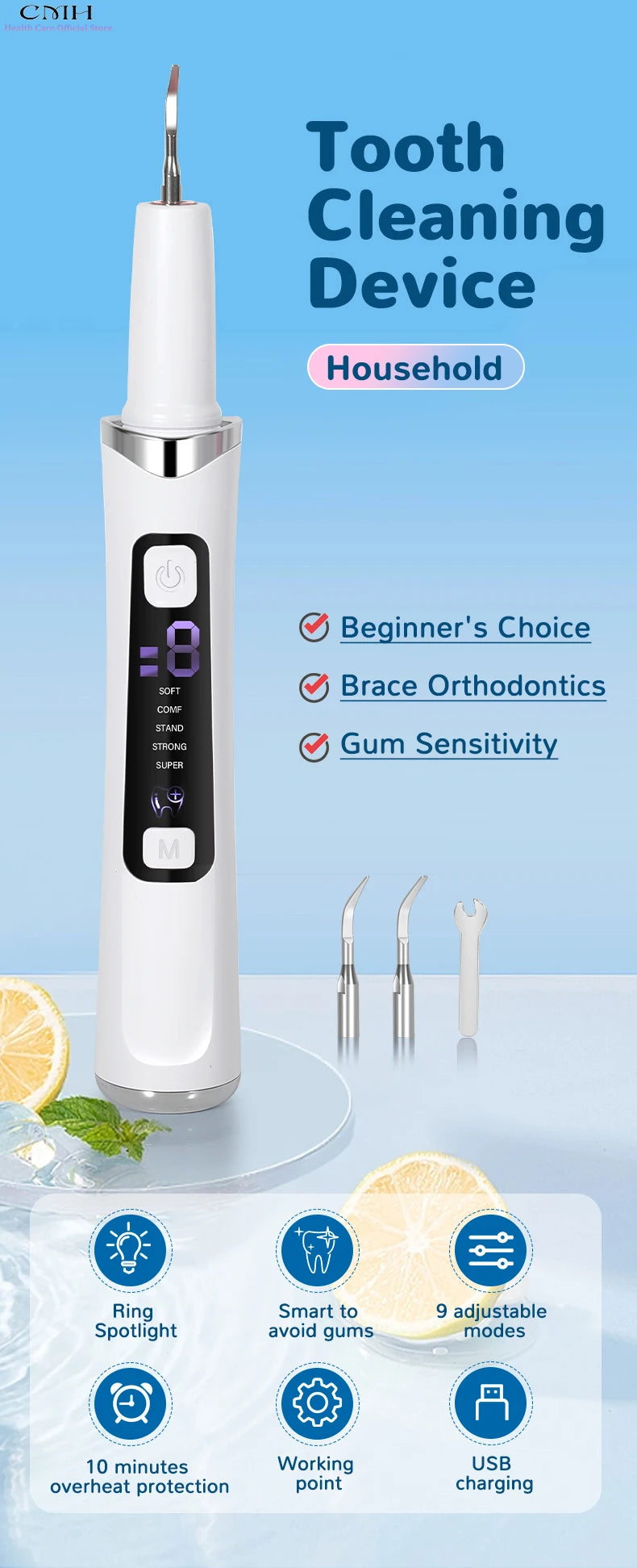 Electric Plaque Remover & Tartar Scraper – LED Light, 2 Replaceable Heads, Dental Teeth Cleaning Kit