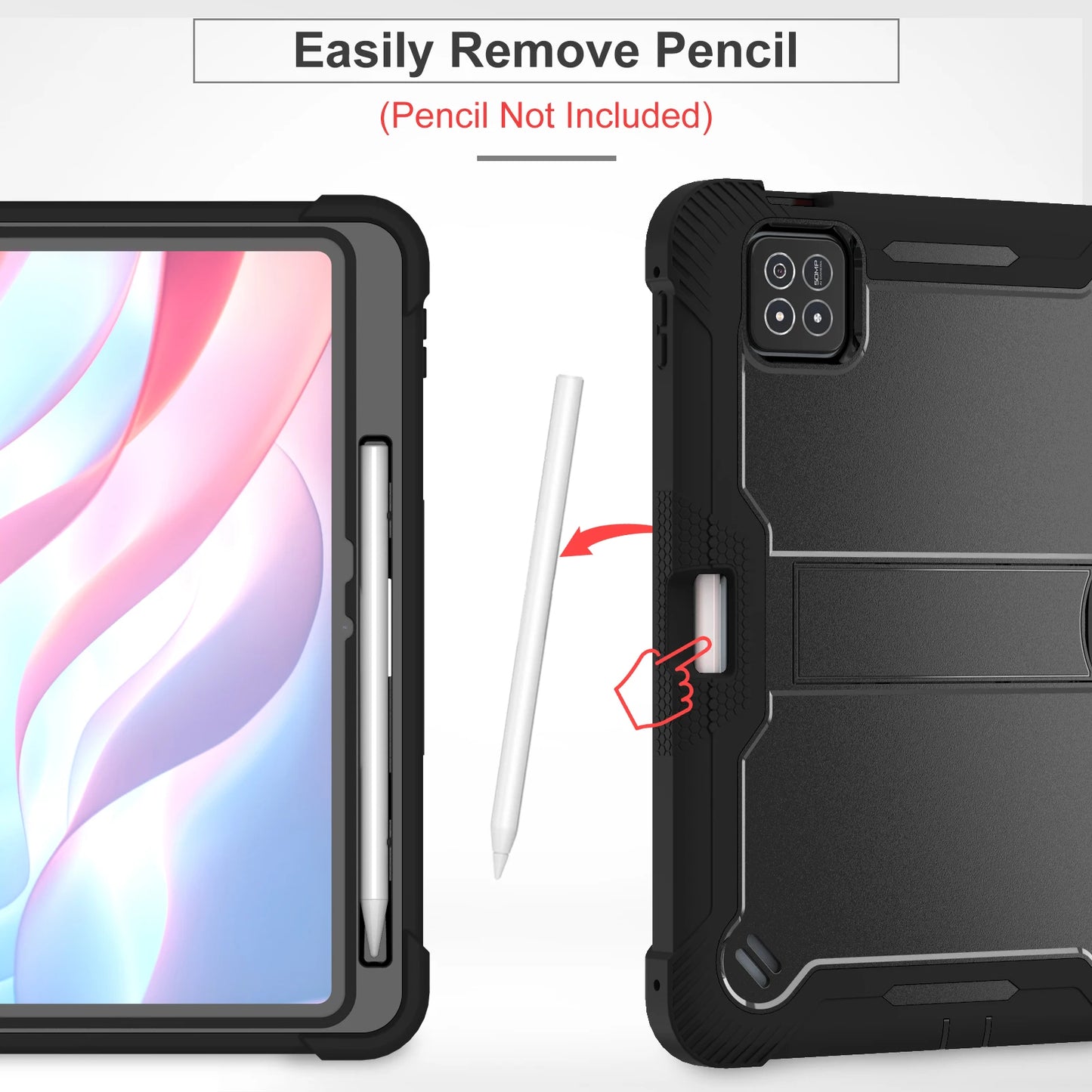 R.E.D. Shopping Xiaomi Pad 7 Pro rugged tablet case with kickstand and pen slot, full body protective cover in black.