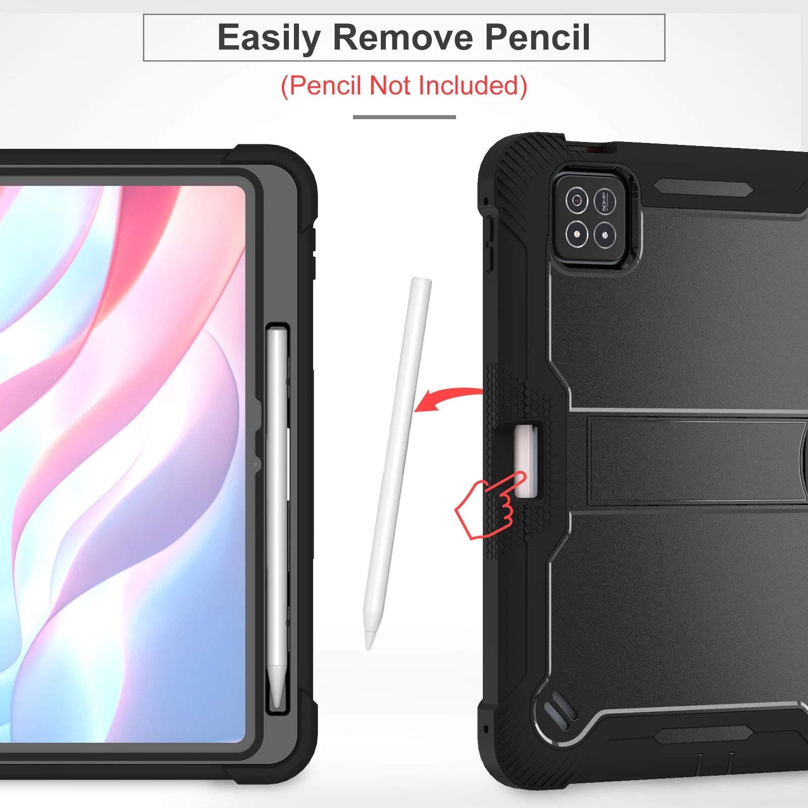 R.E.D. Shopping Xiaomi Pad 7 Pro rugged tablet case with kickstand and pen slot, full body protective cover in black.