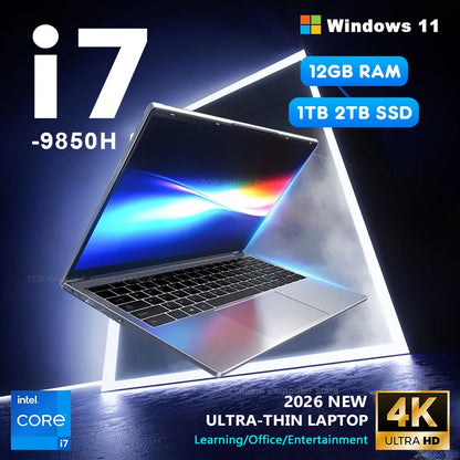 Portable Ultra-Slim Laptop – Intel Core i7-9850H, 12GB RAM, up to 2TB SSD, 4K, Windows 11 | Office & Study Notebook