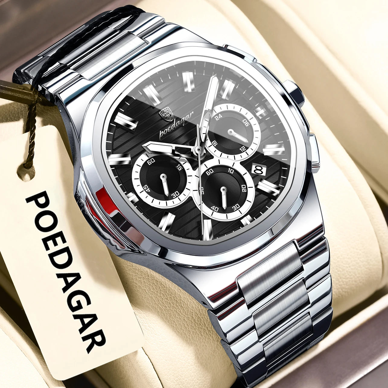 POEDAGAR Men's Luxury Chronograph Watch – Stainless Steel, Waterproof, Luminous, Date