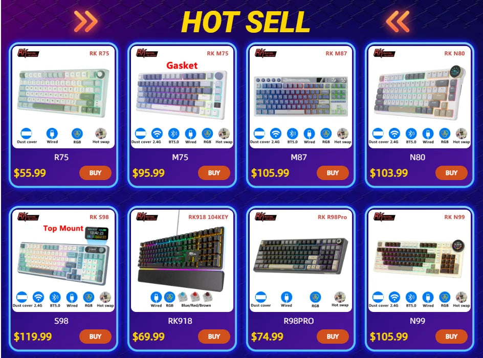 RK Royal Kludge M87 Wireless Mechanical Keyboard – 87 Key, Hot-Swap, BT/2.4G/USB-C, TFT Screen