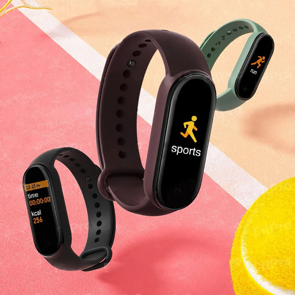 R.E.D. Shopping M6 Smart Fitness Bracelet with heart rate monitor, sleep tracking, and waterproof design, showing the device on a wrist.