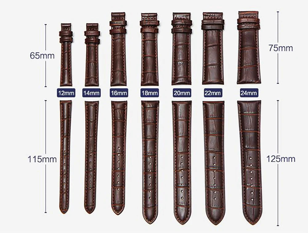 Premium Genuine Leather Watch Strap | 12–24mm, 9 Colors + Tool
