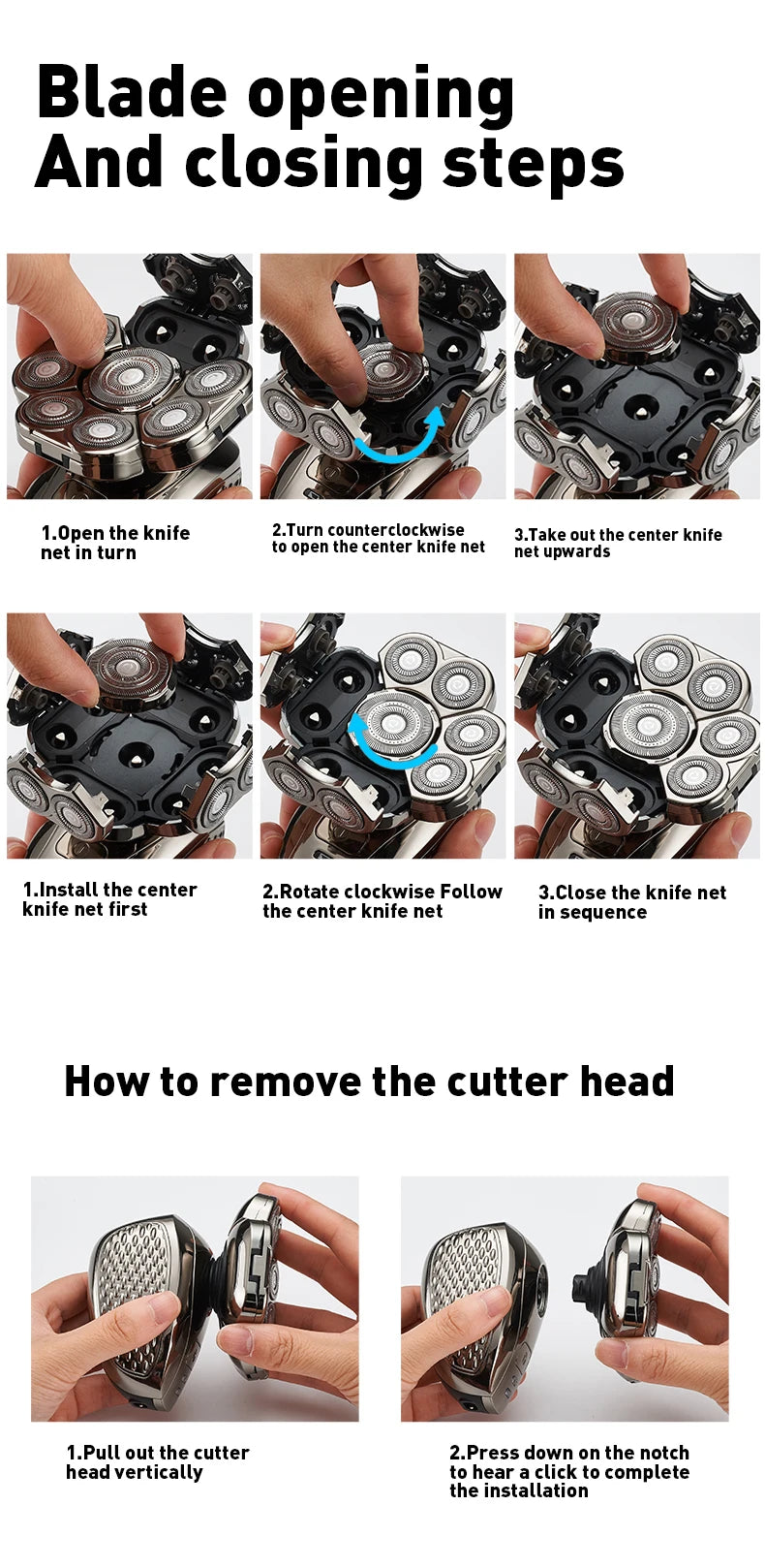 Men's Bald Head Shaver 6-in-1 | 9 Floating Blades | Beard, Nose & Ear Trimmer | Rechargeable