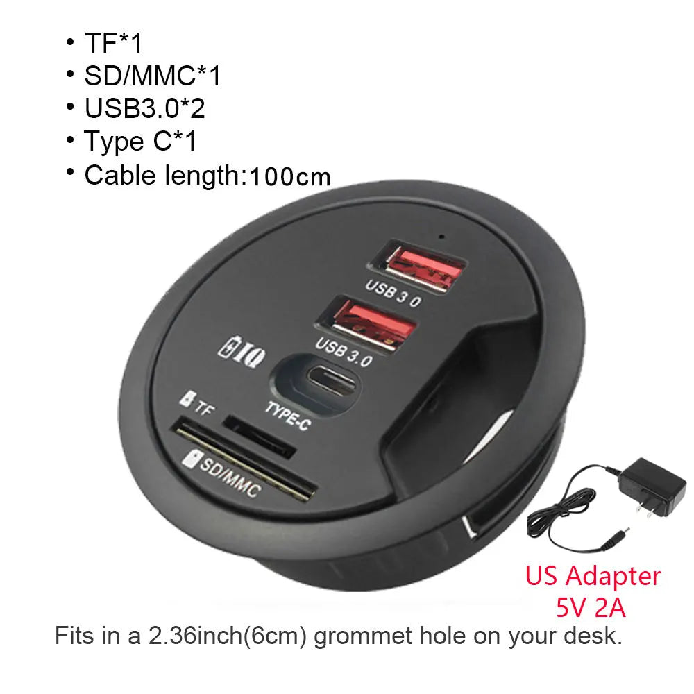 USB Desk Hub 5-in-1 – USB 3.0, Type-C, SD/TF Card Reader, 80cm Cable, Desktop Mount
