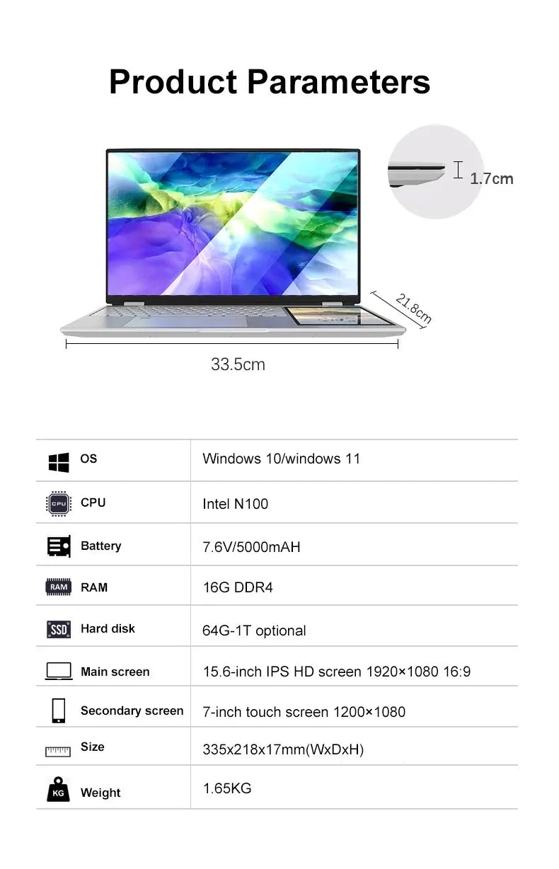 CRELANDER 15.6" Ultraslim Laptop – Intel N100, 16/32GB DDR4, up to 2TB SSD, RGB Backlit, Windows 11