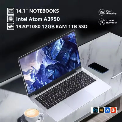 2026 Laptop 14.1" — Intel Atom A3950, 16GB DDR4, 1TB SSD, 1080p HD, Windows 11 Pro