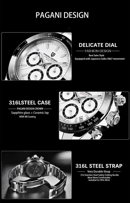 PAGANI DESIGN PD1644 Men's Quartz Chronograph Watch – Sapphire Crystal, 100M Water Resistant