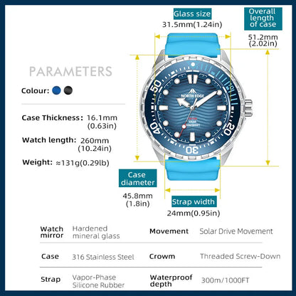 NORTH EDGE TRITON Solar Dive Watch – Men's Luxury Quartz, 316L Steel, 300M Waterproof, 2025