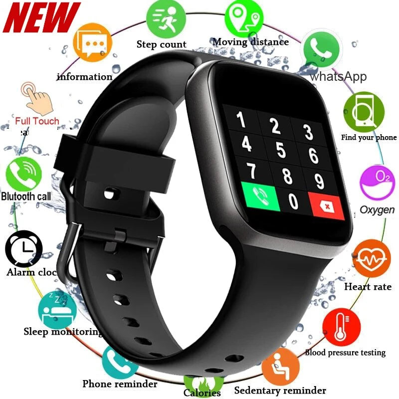 R.E.D. Shopping 116Plus Smart Watch with full touch screen, waterproof IP67 fitness tracker, black band, displaying time and health stats