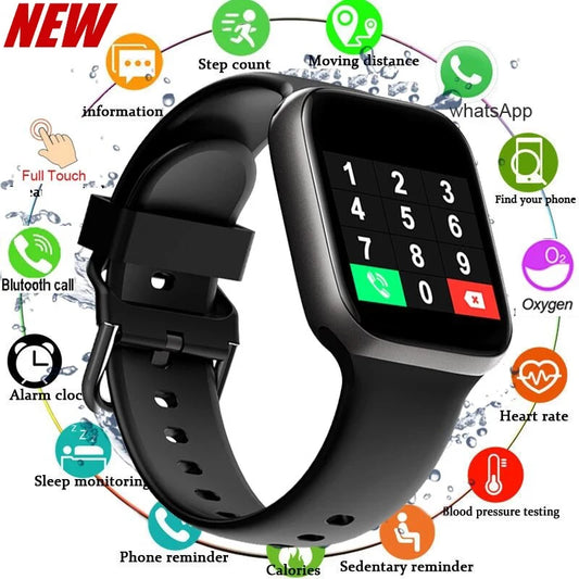 R.E.D. Shopping 116Plus Smart Watch with full touch screen, waterproof IP67 fitness tracker, black band, displaying time and health stats