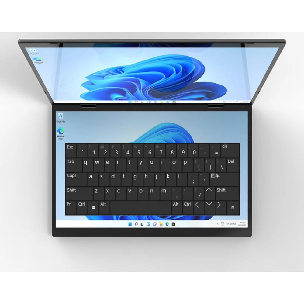 Intel N100 dual-screen laptop with 14-inch 2K touch displays, 32GB RAM, flip metal case, 2-in-1 convertible design.