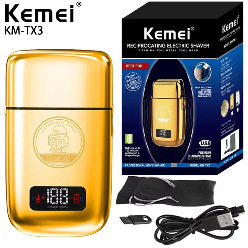 Kemei Km-Tx3 electric reciprocating shaver with gold metal body for hair styling, USB charging, anti-pinch design, personal care tool.