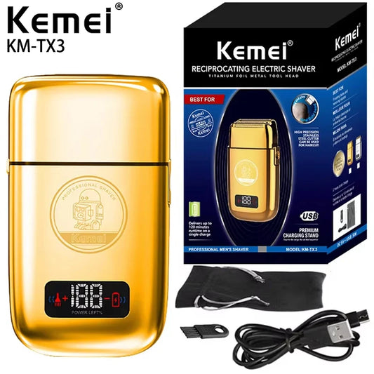 Kemei Km-Tx3 electric reciprocating shaver with gold metal body for hair styling, USB charging, anti-pinch design, personal care tool.