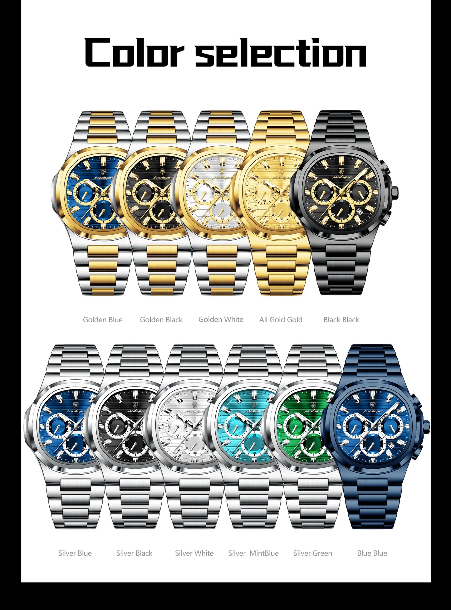 POEDAGAR Men's Luxury Chronograph Watch – Stainless Steel, Waterproof, Luminous, Date