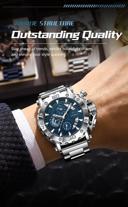 POEDAGAR Men's Luxury Chronograph Watch – Calendar, Luminous, Waterproof, Stainless Steel Quartz