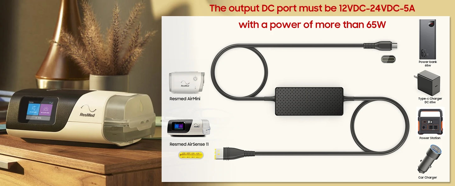 65W USB-C to ResMed AirMini CPAP Power Cable – 24V PD Charging Adapter for Travel