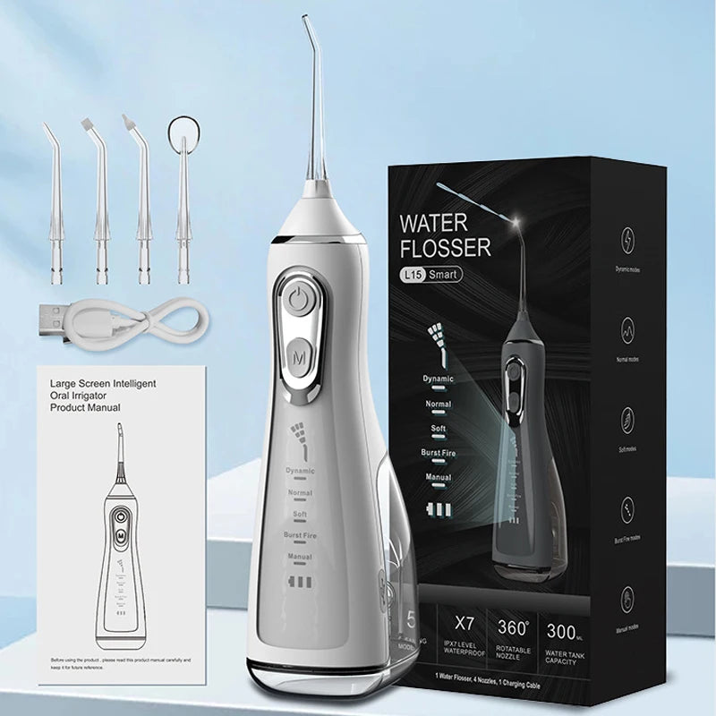 Portable R.E.D. Shopping oral irrigator with four nozzles, water jet, 300ml tank, waterproof IPX7, and five cleaning modes.