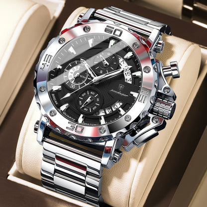 POEDAGAR Men's Luxury Chronograph Watch – Calendar, Luminous, Waterproof, Stainless Steel Quartz