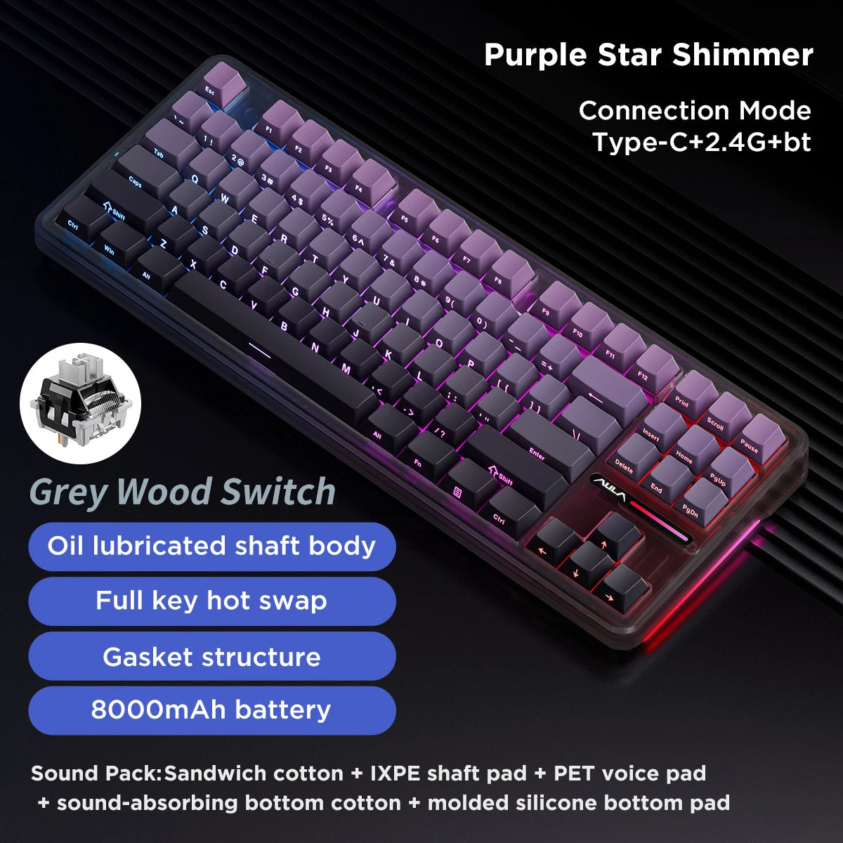 AULA F87 Pro Mechanical Keyboard – 87-Key, Tri-Mode, 8000mAh, Hot Swap, RGB, PBT Gasket