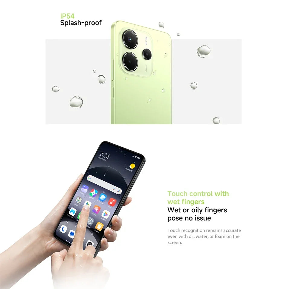 Xiaomi Redmi Note 14 smartphone with 108MP camera, MediaTek Helio G99 processor, and 120Hz display, shown front view.