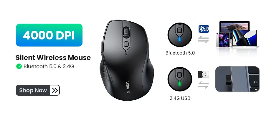 UGREEN Vertical Ergonomic Mouse – Bluetooth 5.0 & 2.4G Wireless, 4000DPI, 6 Silent Buttons, for Mac & PC
