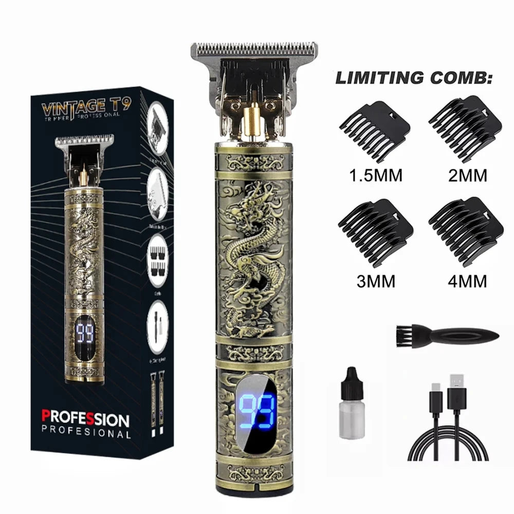 R.E.D. Shopping T9 LCD electric hair clipper with oil head precision trimmer for men, showing the sleek black device with LCD display.