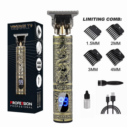 R.E.D. Shopping T9 LCD electric hair clipper with oil head precision trimmer for men, showing the sleek black device with LCD display.