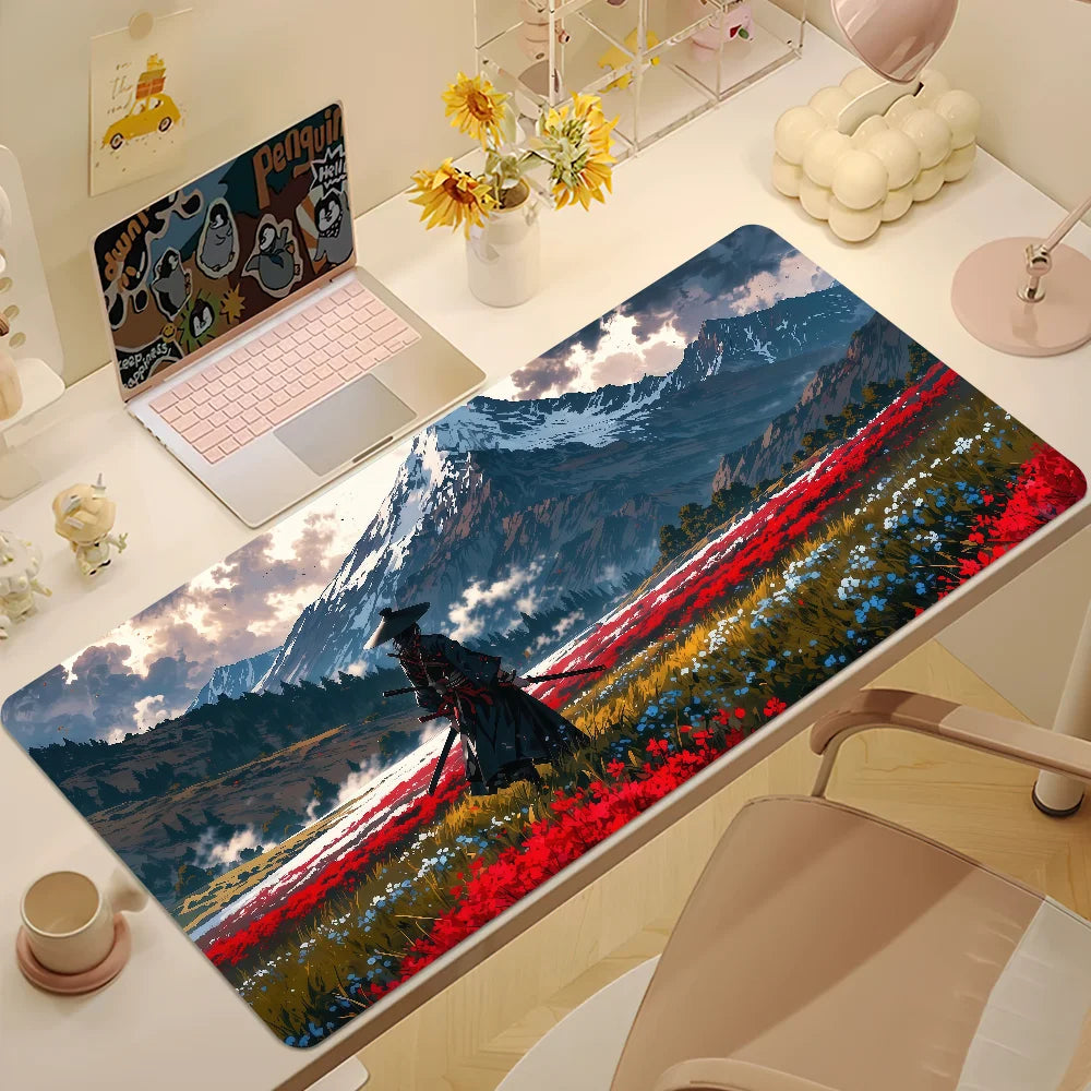 Large Japan Samurai Fantasy Mask mouse pad by R.E.D. Shopping featuring a detailed samurai mask design on a smooth gaming desk mat.