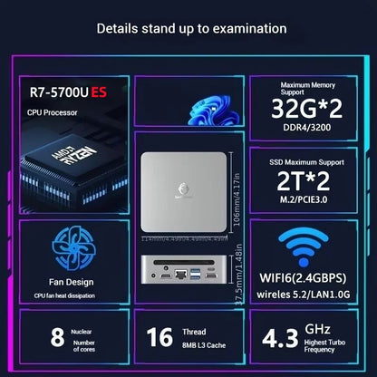 GenMachine Mini PC – AMD Ryzen 7 5700U / 4800H, DDR4 3200MHz, WiFi 6, BT 5.2, Windows 11