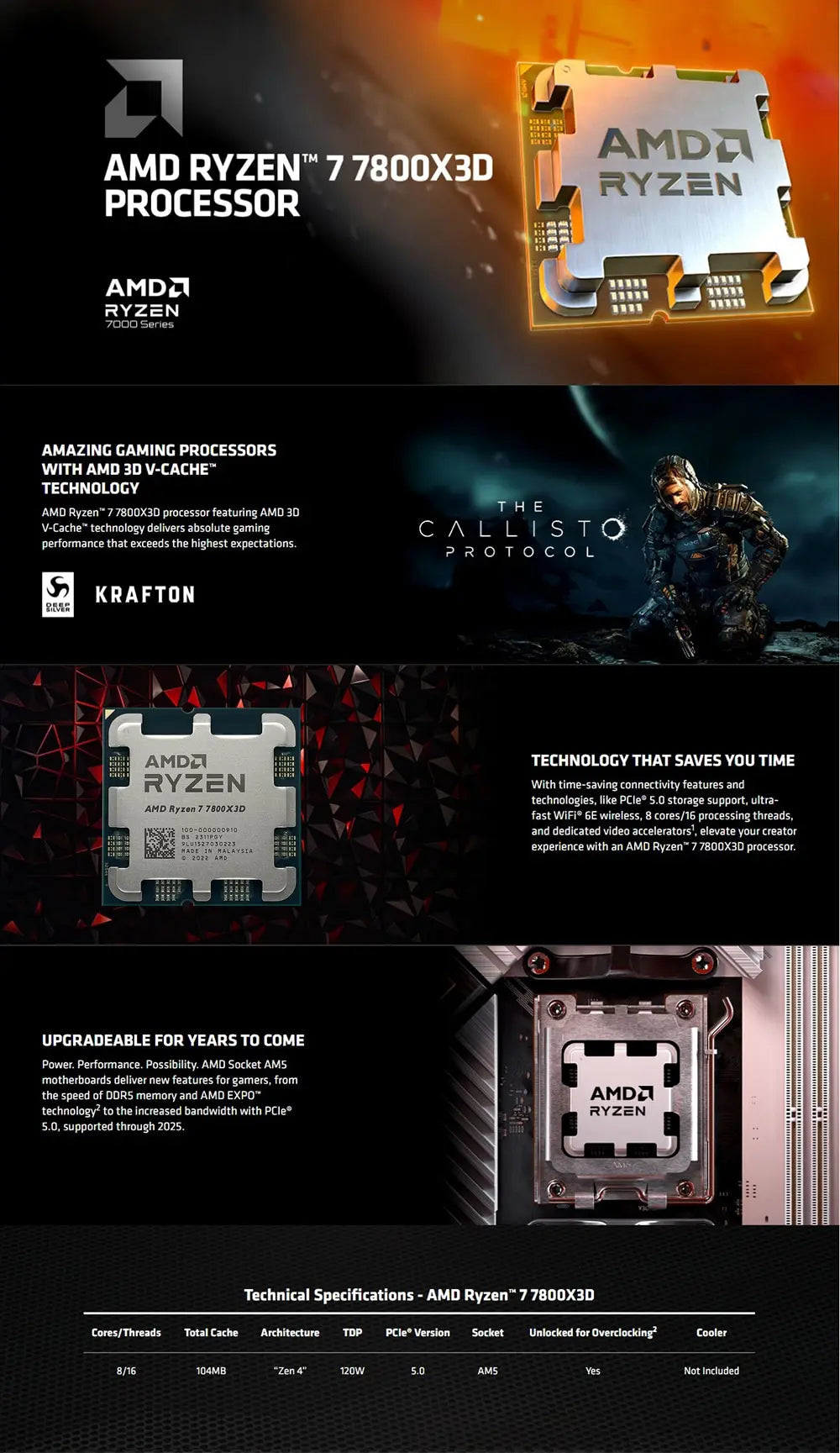 AMD Ryzen 7 7800X3D Gaming Processor – 8-Core, 5GHz, AM5, 3D V-Cache, DDR5