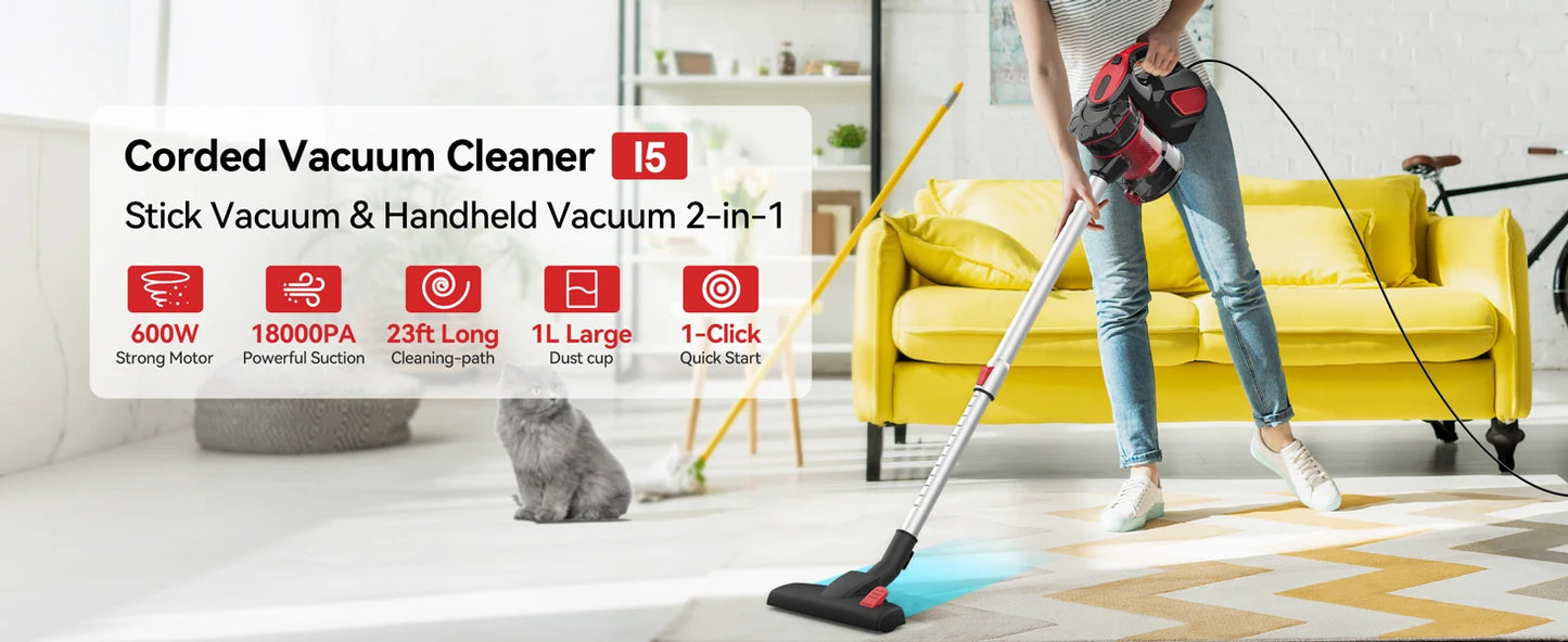 INSE I5 corded vacuum cleaner with 600W motor, handheld and stick modes, powerful 18Kpa suction for home and pet hair cleaning.