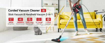 INSE I5 corded vacuum cleaner with 600W motor, handheld and stick modes, powerful 18Kpa suction for home and pet hair cleaning.