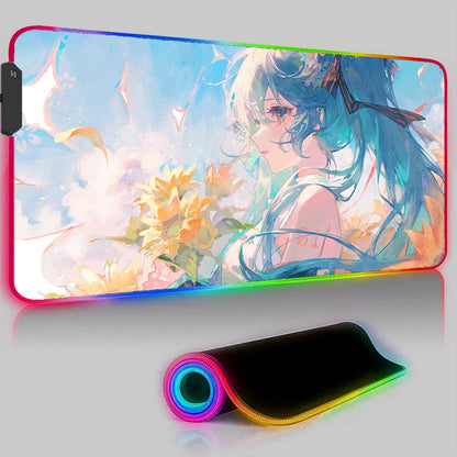 Kawaii Pink Hatsune Miku Anime RGB Mouse Pad – XXL LED Gaming Deskmat, Keyboard Carpet