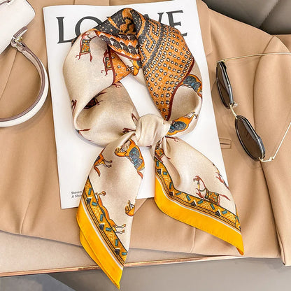Elegant square silk scarf from R.E.D. Shopping, styled as a women's hairband and neck shawl with vibrant patterns.