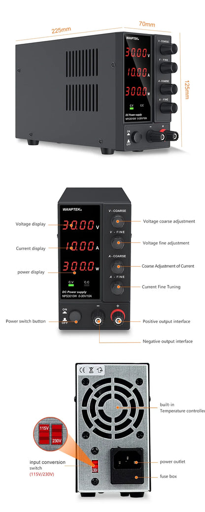 Wanptek Adjustable DC Lab Bench Power Supply – 30V/10A, 60V/5A, 120V/3A