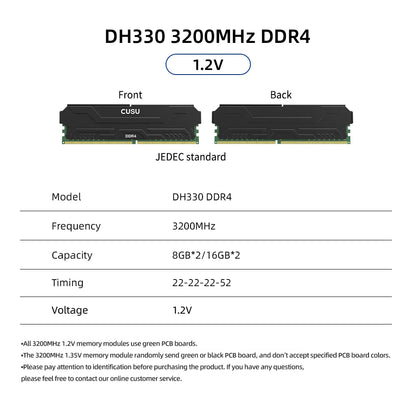 CUSU DDR4 Desktop RAM – 8GB / 16GB, 3200/3600MHz, XMP 2.0, Heatsink