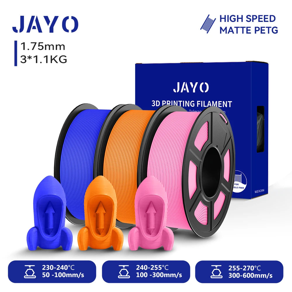 JAYO PETG/High Speed Matte PETG 3D Printing Filament 1.75MM Mix-Colors & No bubbles &Non-toxic For 3D Printer & Pen 3Rolls