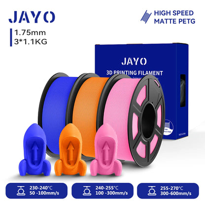 JAYO PETG/High Speed Matte PETG 3D Printing Filament 1.75MM Mix-Colors & No bubbles &Non-toxic For 3D Printer & Pen 3Rolls