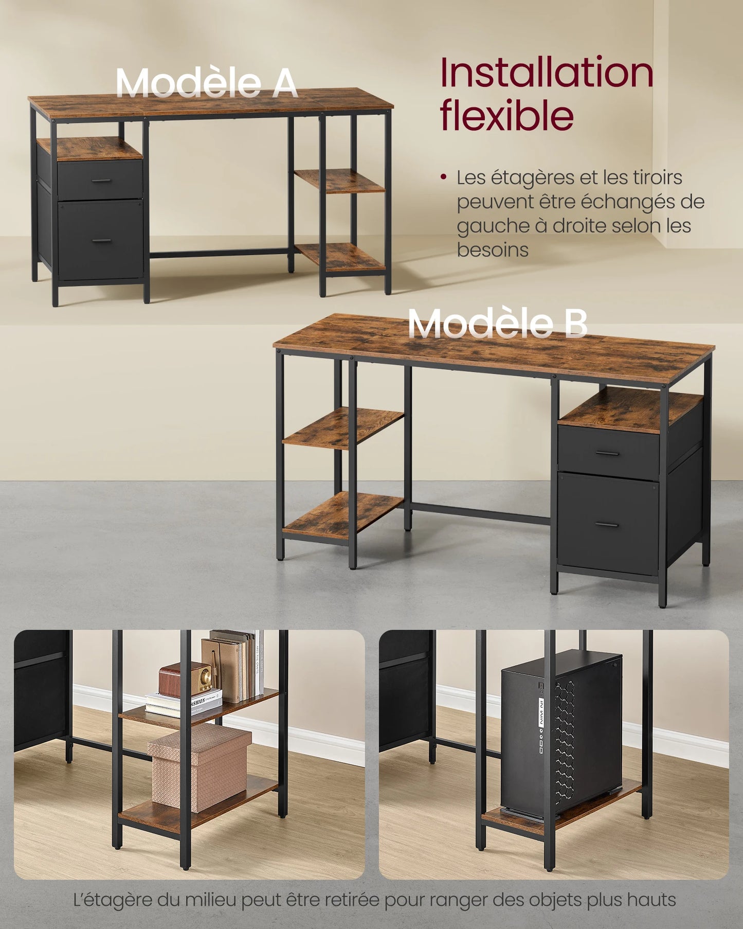 Computer Desk, 3 Shelves, 2 Drawers, 60 x 140 x 76 cm, Rustic Brown and Black/Natural Oak and Pearl White Color