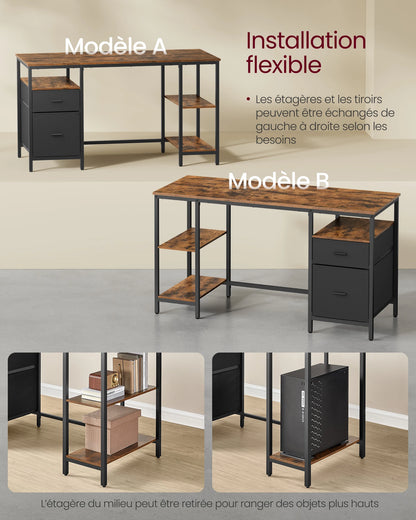 Computer Desk, 3 Shelves, 2 Drawers, 60 x 140 x 76 cm, Rustic Brown and Black/Natural Oak and Pearl White Color