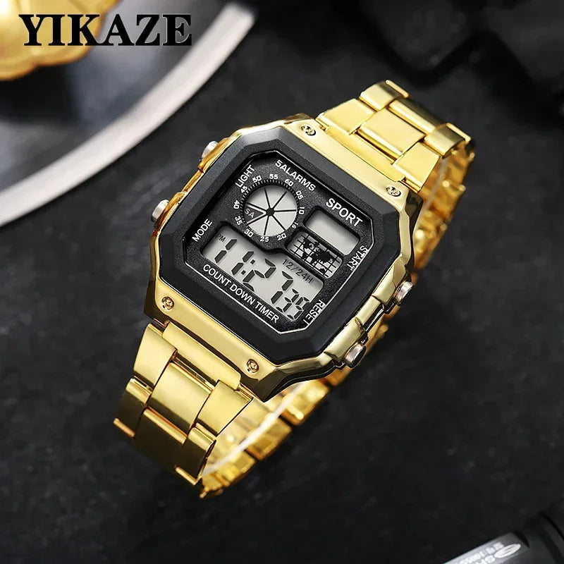 YIKAZE Men's Military LED Sport Watch - Luxury Stainless Steel Strap, Waterproof Digital Wristwatch