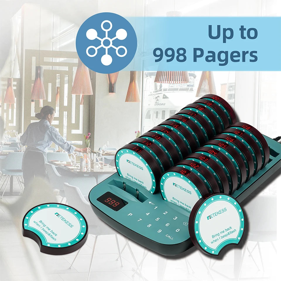 RETEKESS TD167A wireless restaurant calling system coaster pager for food trucks, cafés, and hotels, with buzzer alert.