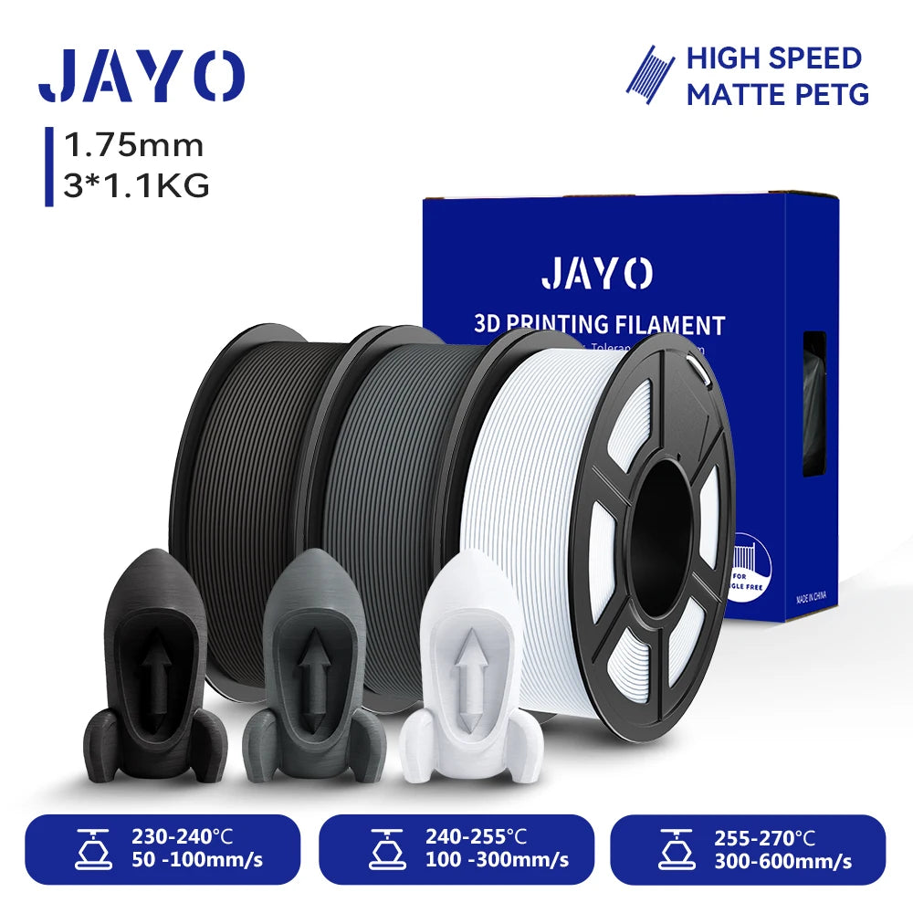 JAYO PETG/High Speed Matte PETG 3D Printing Filament 1.75MM Mix-Colors & No bubbles &Non-toxic For 3D Printer & Pen 3Rolls