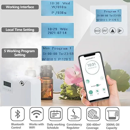 Waterless Aroma Diffuser 300ml — WiFi Control, Essential Oil, Timer Function, Home & Hotel