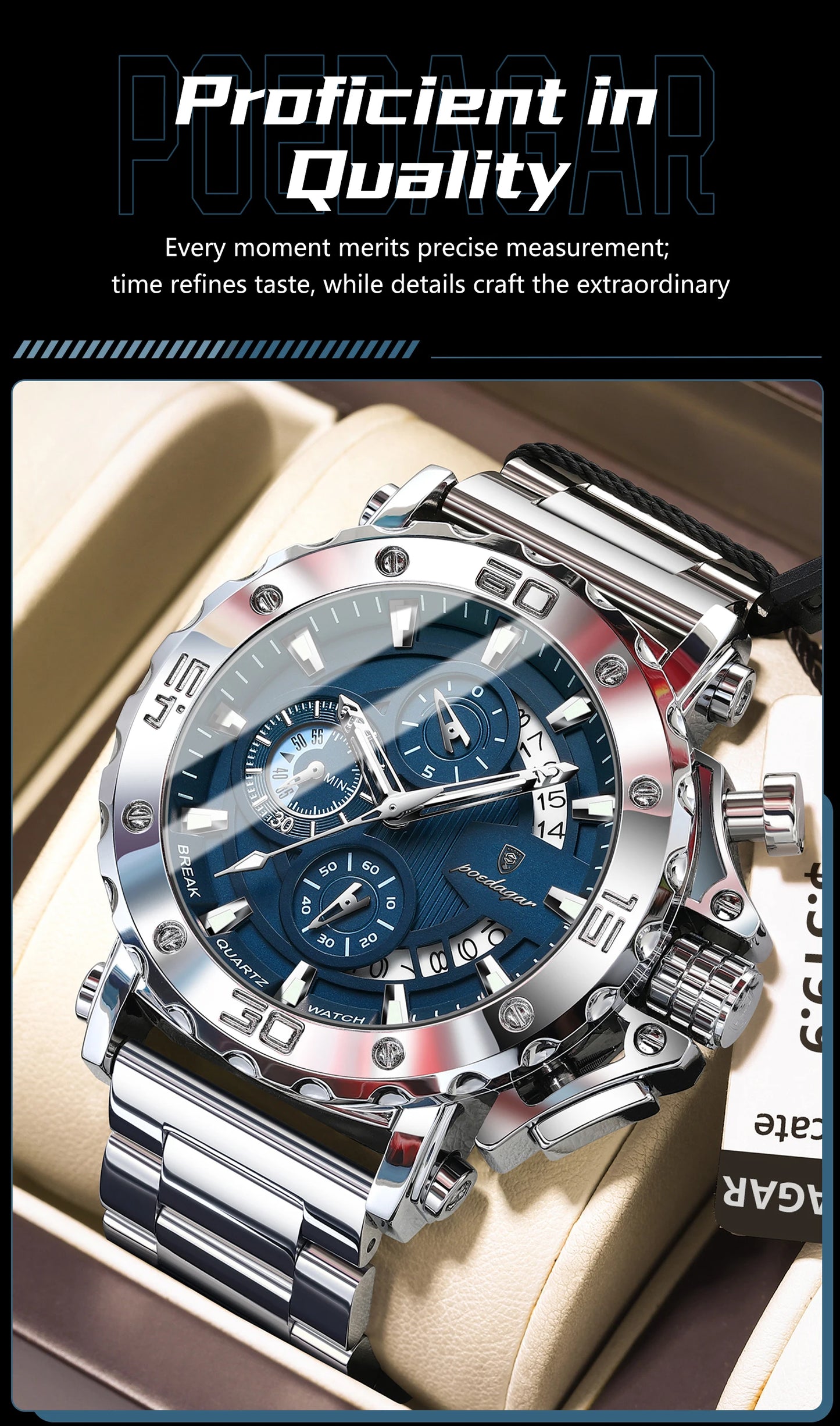 POEDAGAR Men's Luxury Chronograph Watch – Calendar, Luminous, Waterproof, Stainless Steel Quartz