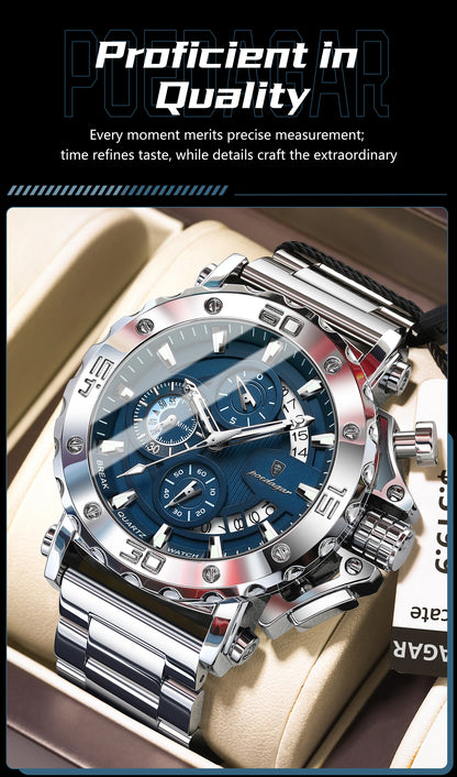 POEDAGAR Men's Luxury Chronograph Watch – Calendar, Luminous, Waterproof, Stainless Steel Quartz