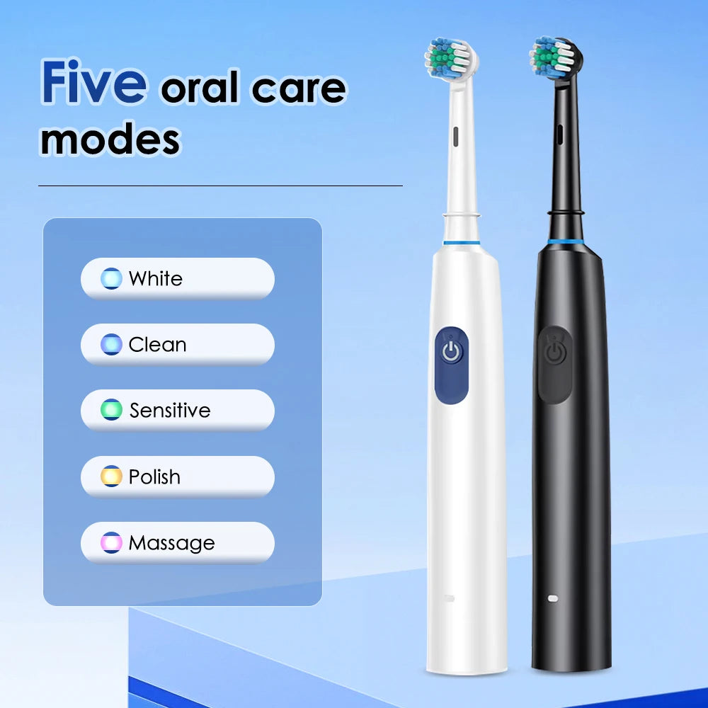 Round Rotating Electric Toothbrush – 5 Modes, 2 Timers, 4 Heads, Teeth Whitening