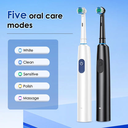 Round Rotating Electric Toothbrush – 5 Modes, 2 Timers, 4 Heads, Teeth Whitening